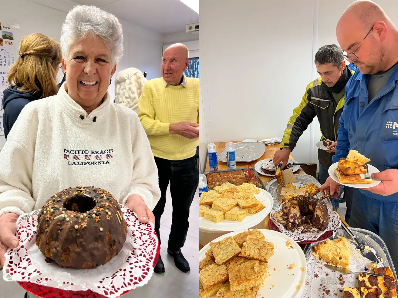 Bild links: Hildegard Gregel hat einen Kuchen mitgebracht. Bild rechts: Die Arbeiter bedienen sich am Kuchenbüfett.