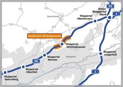 Der Projektbereich auf der Karte der A46 bei Wuppertal