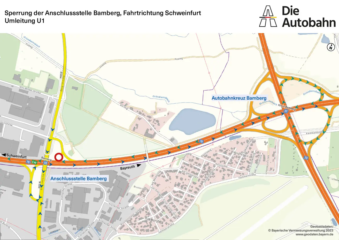 Umleitung U1 - Sperrung der Anschlussstelle Bamberg in Fahrtrichtung Schweinfurt (A70)